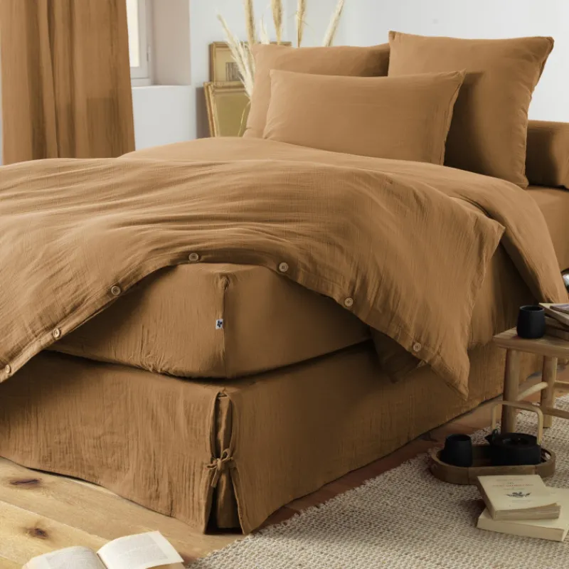 Draps Plats Et Draps Housse<L'effet papillon Drap housse Gaïa Camel en gaze de coton,